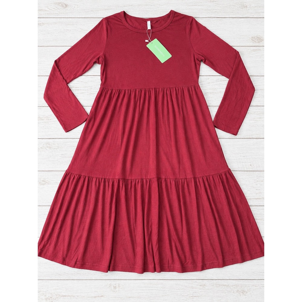 TAOHUADAO Burgundy Dress Tiered Long Sleeve Casual Modest Boho Red Medium NWT